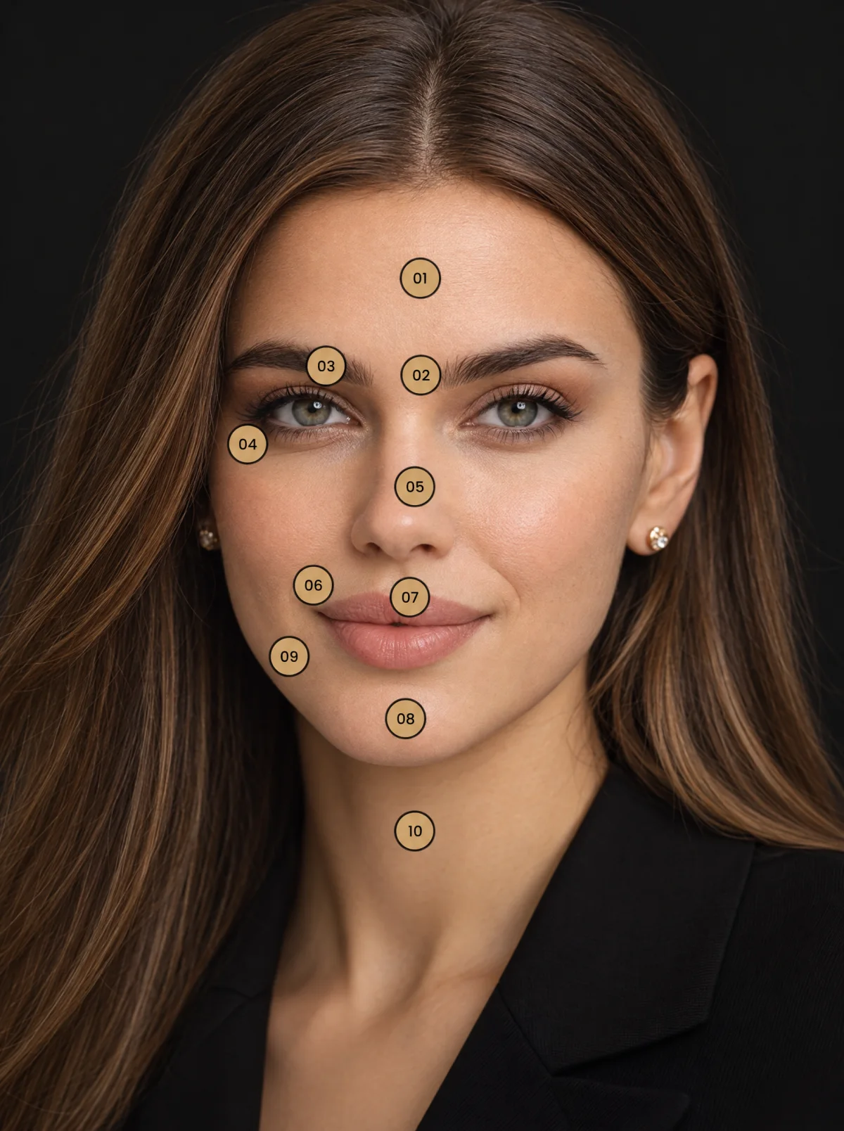 Numbered treatment areas shown on a patient's face at Elora Polyclinic